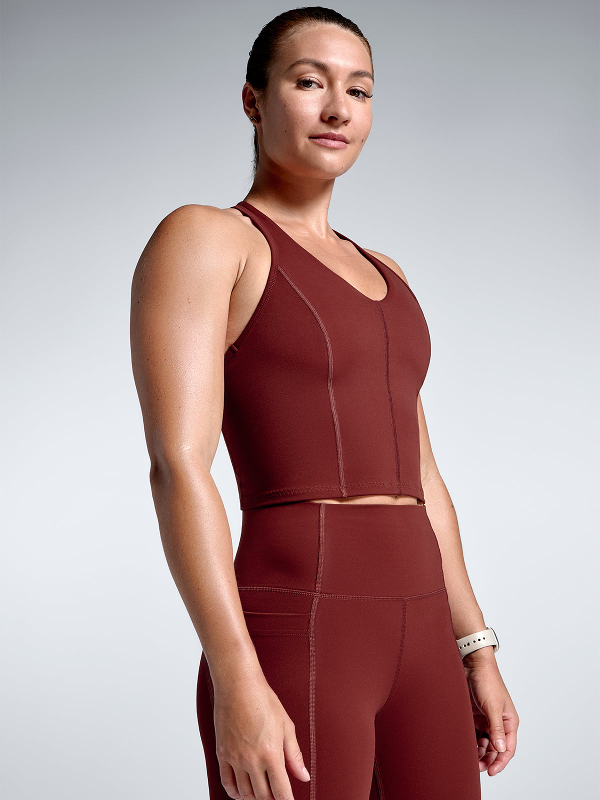 Womens femme fatale longline red rust sports bra 1